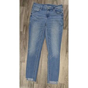 (3/$35) Old Navy Size 4 Rockstar Mid Rise Whiskered Fringe Hem Denim Blue Jeans